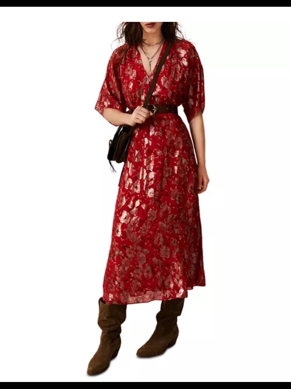 ba&sh Red Floral V-Neck Maxi Dress